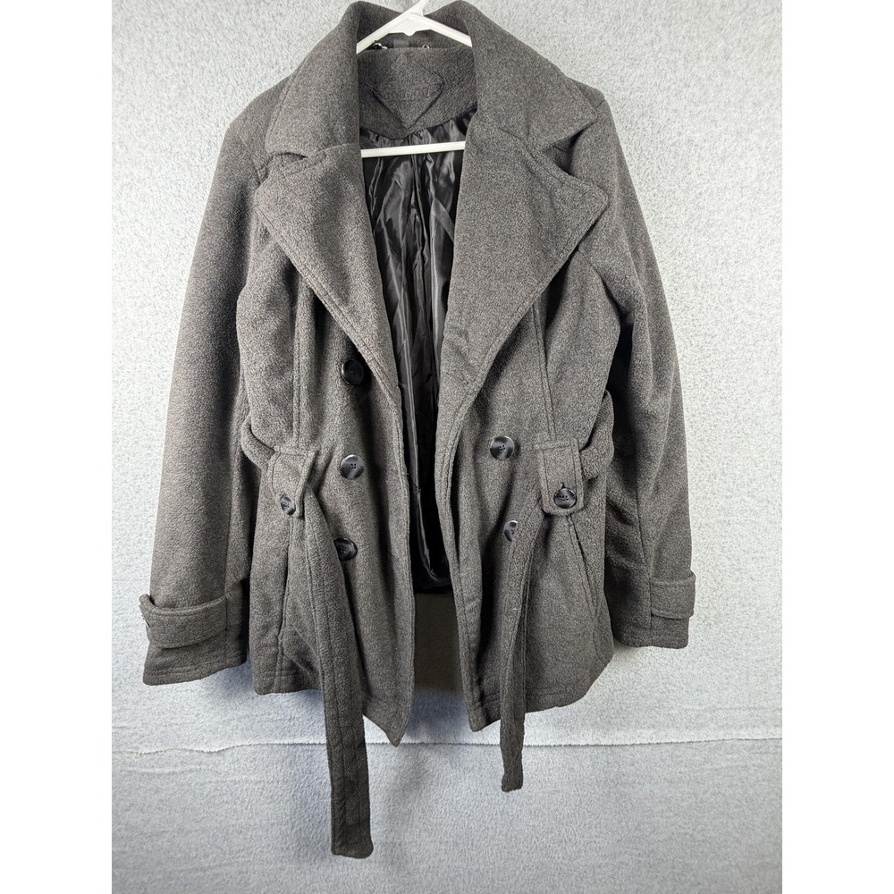 Joujou Coat Womens XL Juniors Gray Fleece Pea Belted‎ Button Pockets Winter